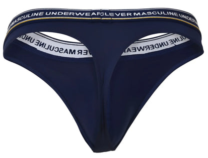 Navy blue clever 100010 thong with white and gold trim and masculine underwear text on waistband, front view