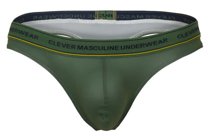 Olive green leather-like thong with black elastic waistband yellow trim and clever masculine underwear branding