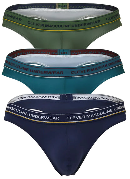 Set of three clever 100010 australian latin thongs in blue petrol and green with elastic branded waistbands