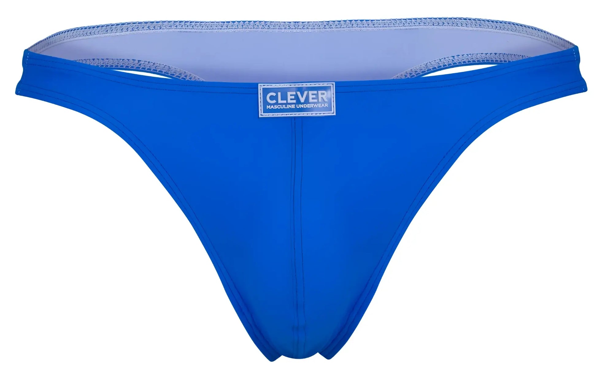 Bright blue clever brand thong with light gray interior lining and stitched trim from multi-colored pride 7pk set