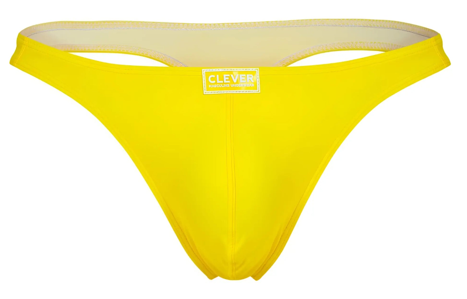Bright yellow smooth-textured clever 10009 pride thong with beige lining and multi-colored brand label on the front