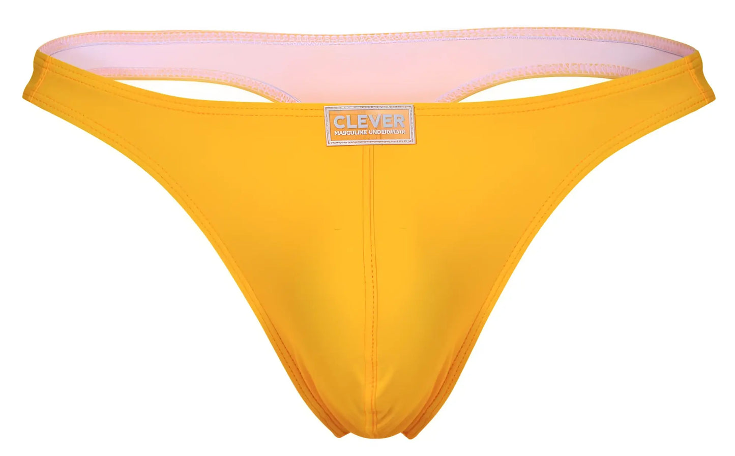 Bright yellow Clever 10009 thong with soft pink lining and small rectangular Clever brand label on front for pride wear