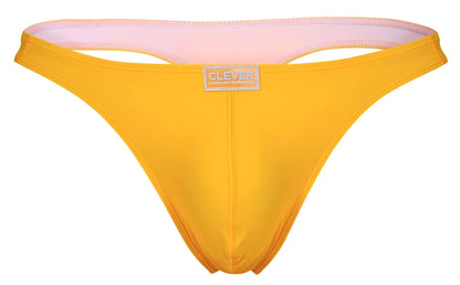 Bright yellow Clever 10009 thong with soft pink lining and small rectangular Clever brand label on front for pride wear