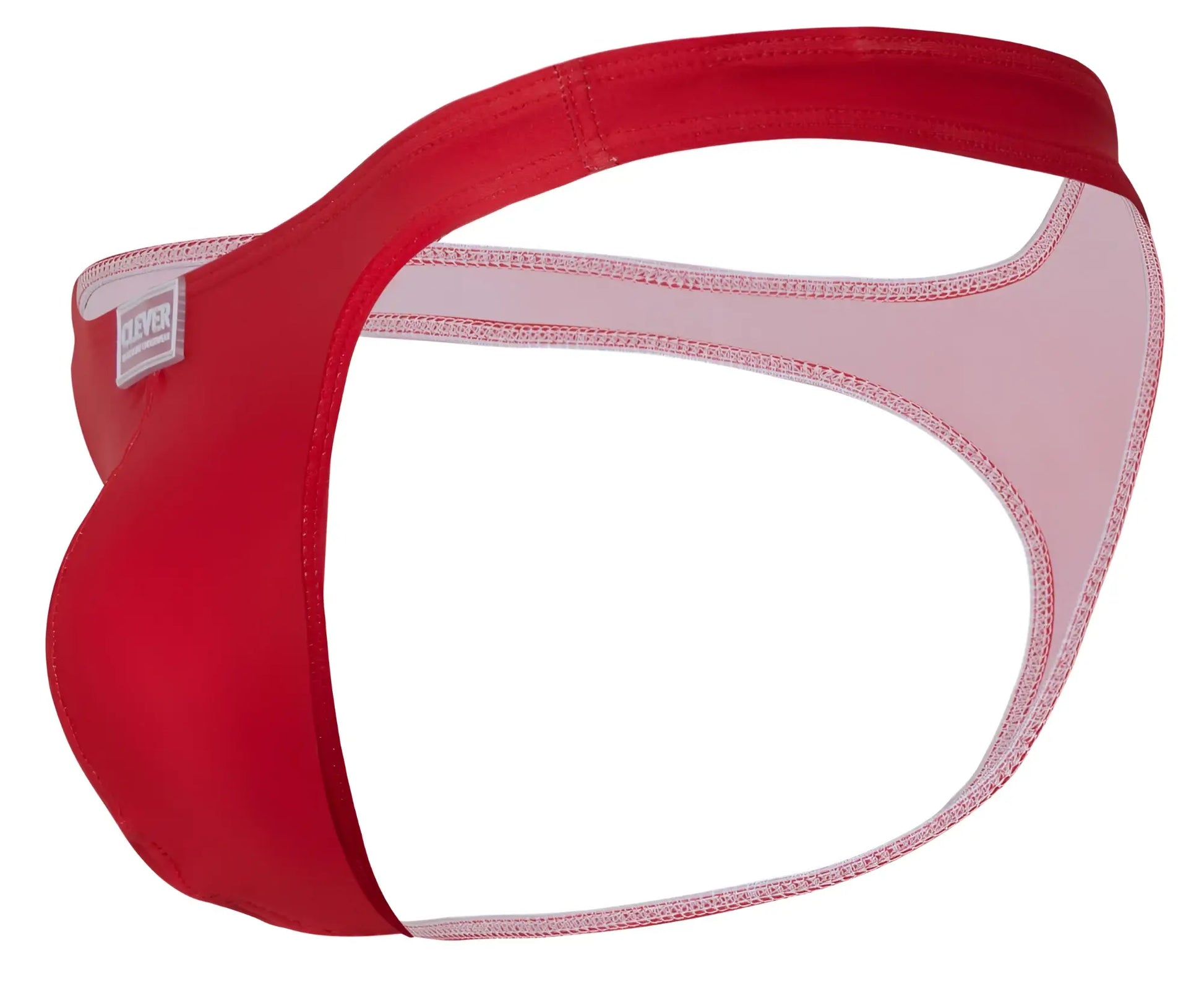 Red men’s thong with white inner lining pink stitching and trever brand label from clever 10009 7pk pride thongs multi-colored pack