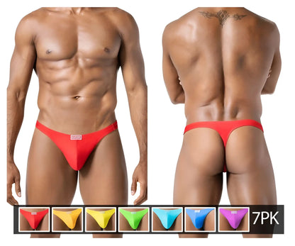 Red form-fitting thong with small rectangular logo on front from clever 10009 7pk pride thongs color multi-colored