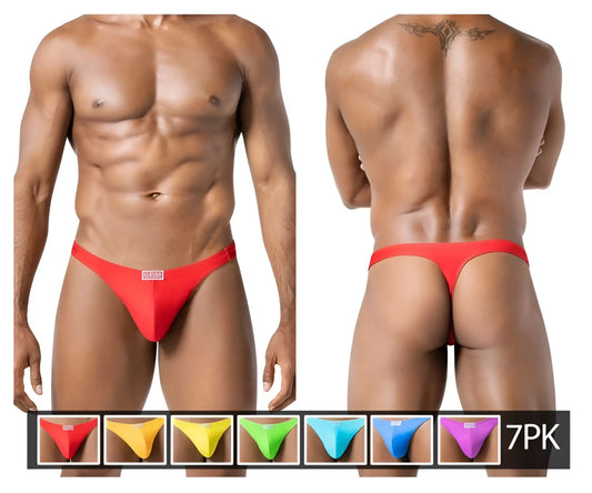 Red form-fitting thong with small rectangular logo on front from clever 10009 7pk pride thongs color multi-colored