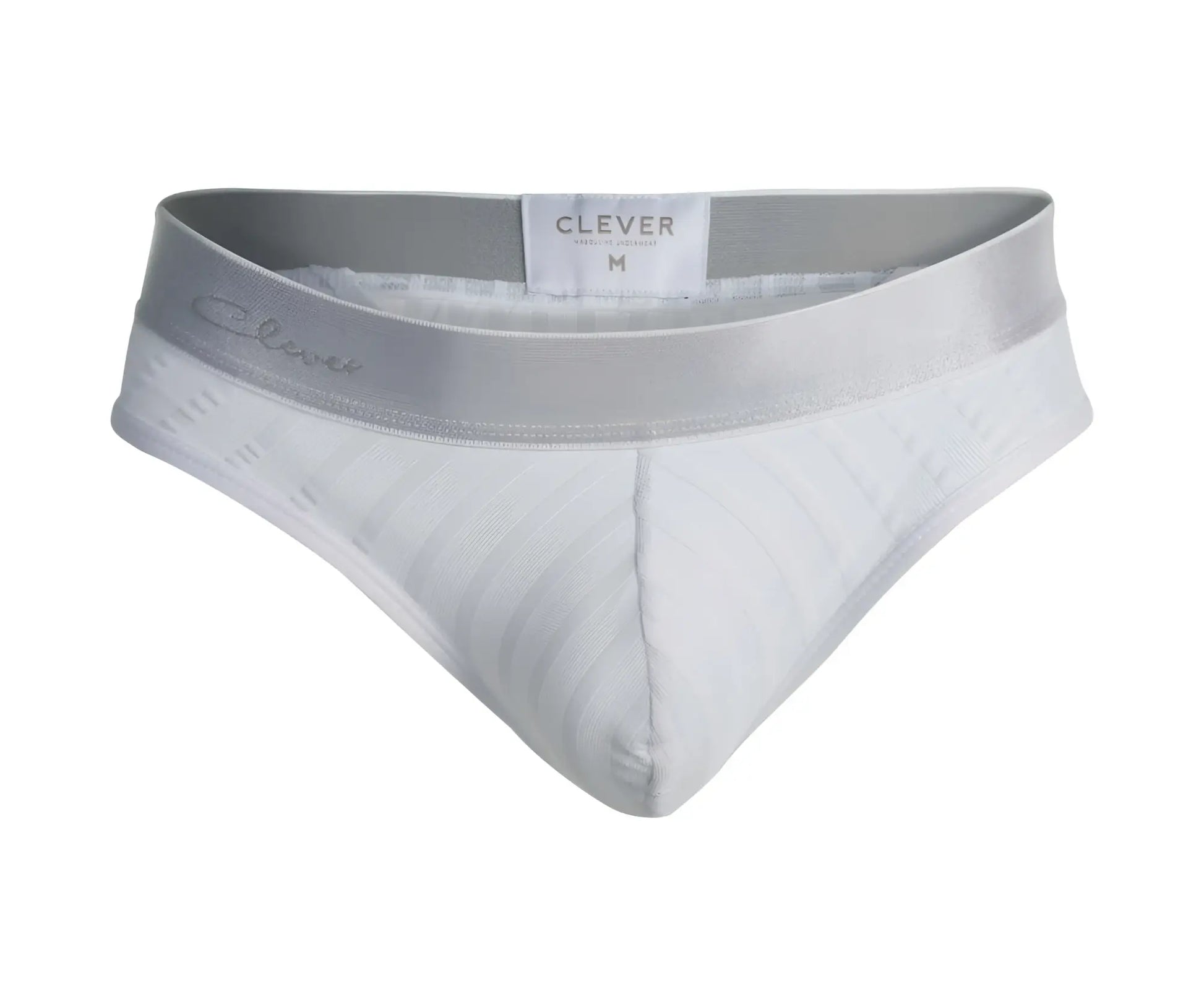 White clever mens briefs with satin-like waistband and subtle striped texture from clever 1034 lucerna thongs