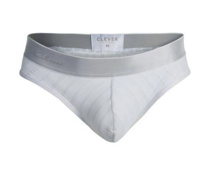 White clever mens briefs with satin-like waistband and subtle striped texture from clever 1034 lucerna thongs