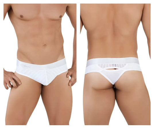 White clever 1034 lucerna thongs with sheer mesh back panel and elastic waistband for men
