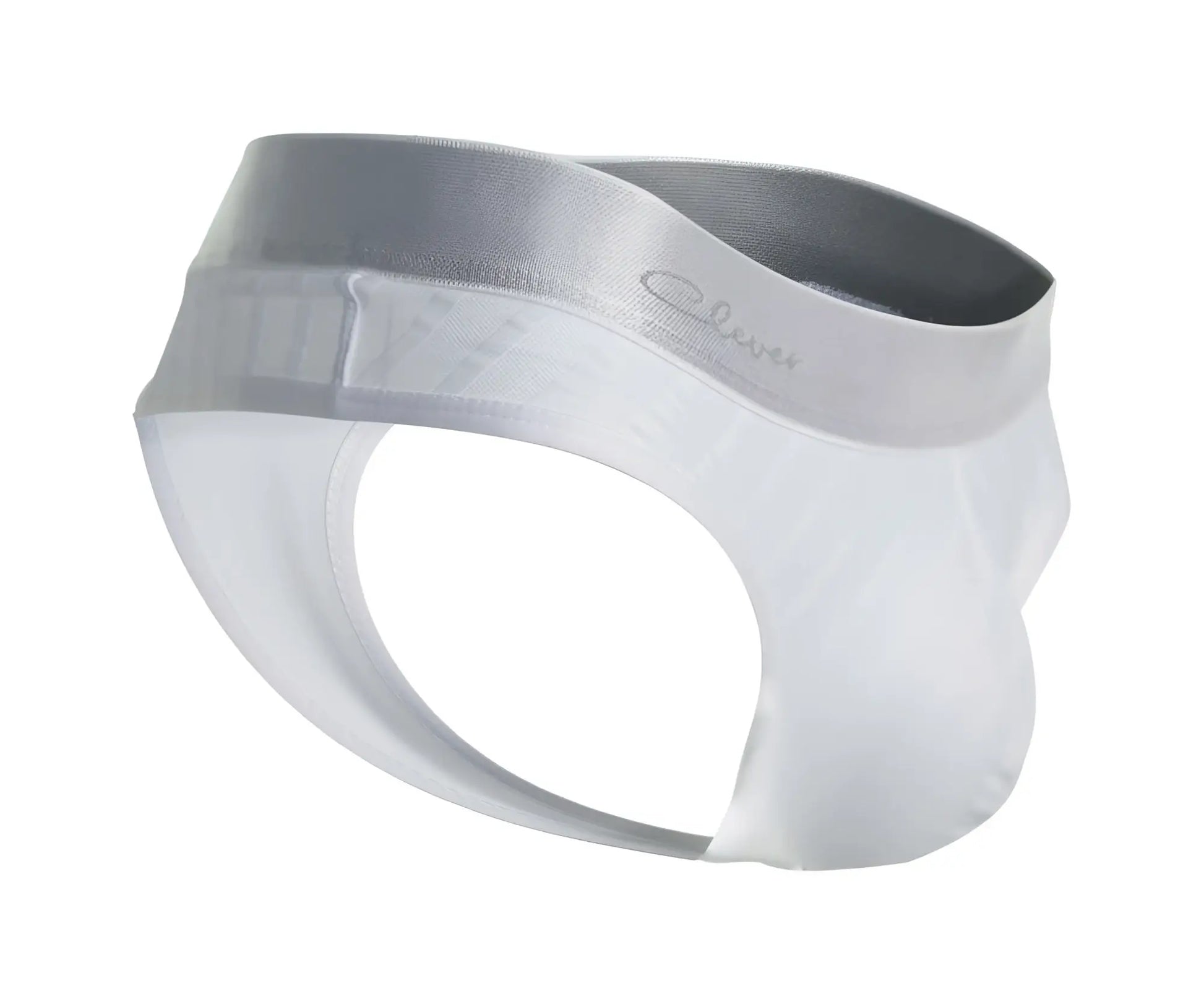 White sheer men’s briefs with a satin gray waistband featuring the Clever brand logo in the front side view