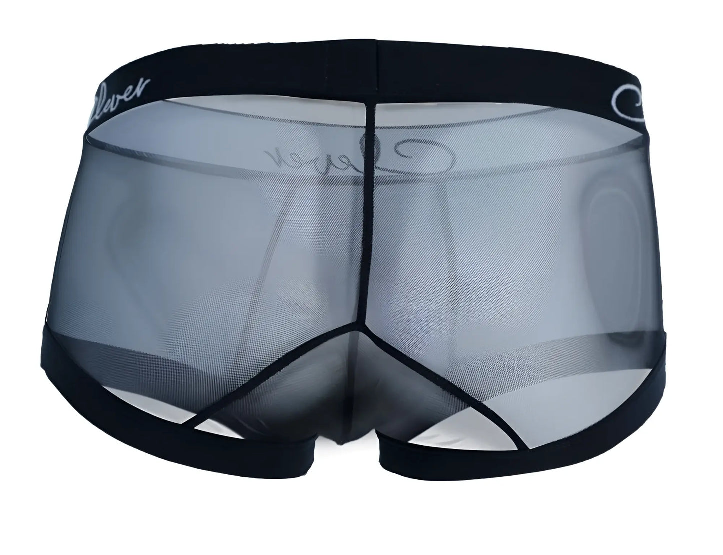 Black mesh men’s clever 1226 demon trunks with solid black waistband and lover logo in white cursive script