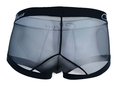 Black mesh men’s clever 1226 demon trunks with solid black waistband and lover logo in white cursive script