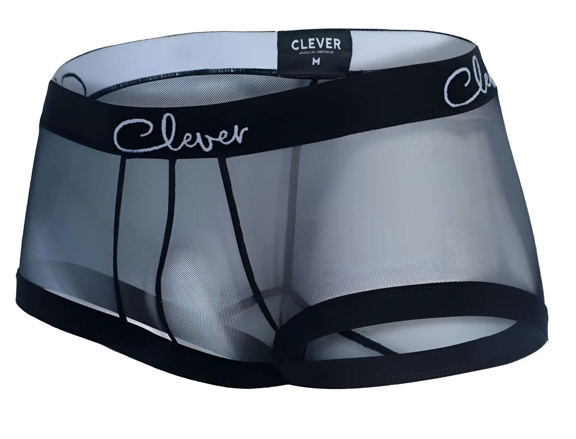 Black mesh men’s underwear with solid black waistband and leg openings featuring clever brand name cursive script