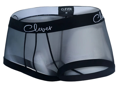 Black mesh men’s underwear with solid black waistband and leg openings featuring clever brand name cursive script