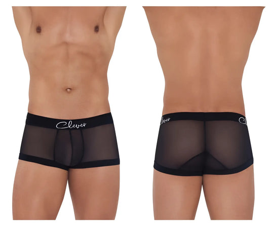 Black sheer boxer briefs with a black elastic waistband featuring clever branding in white cursive script