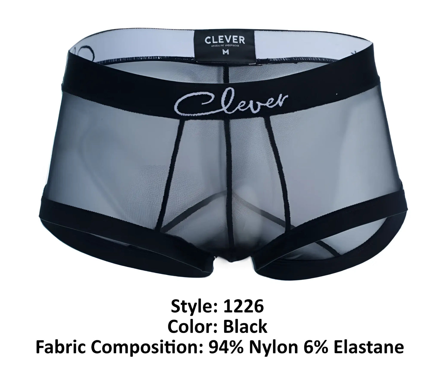 Black sheer mesh clever 1226 demon trunks briefs with black elastic trim and white clever logo on waistband