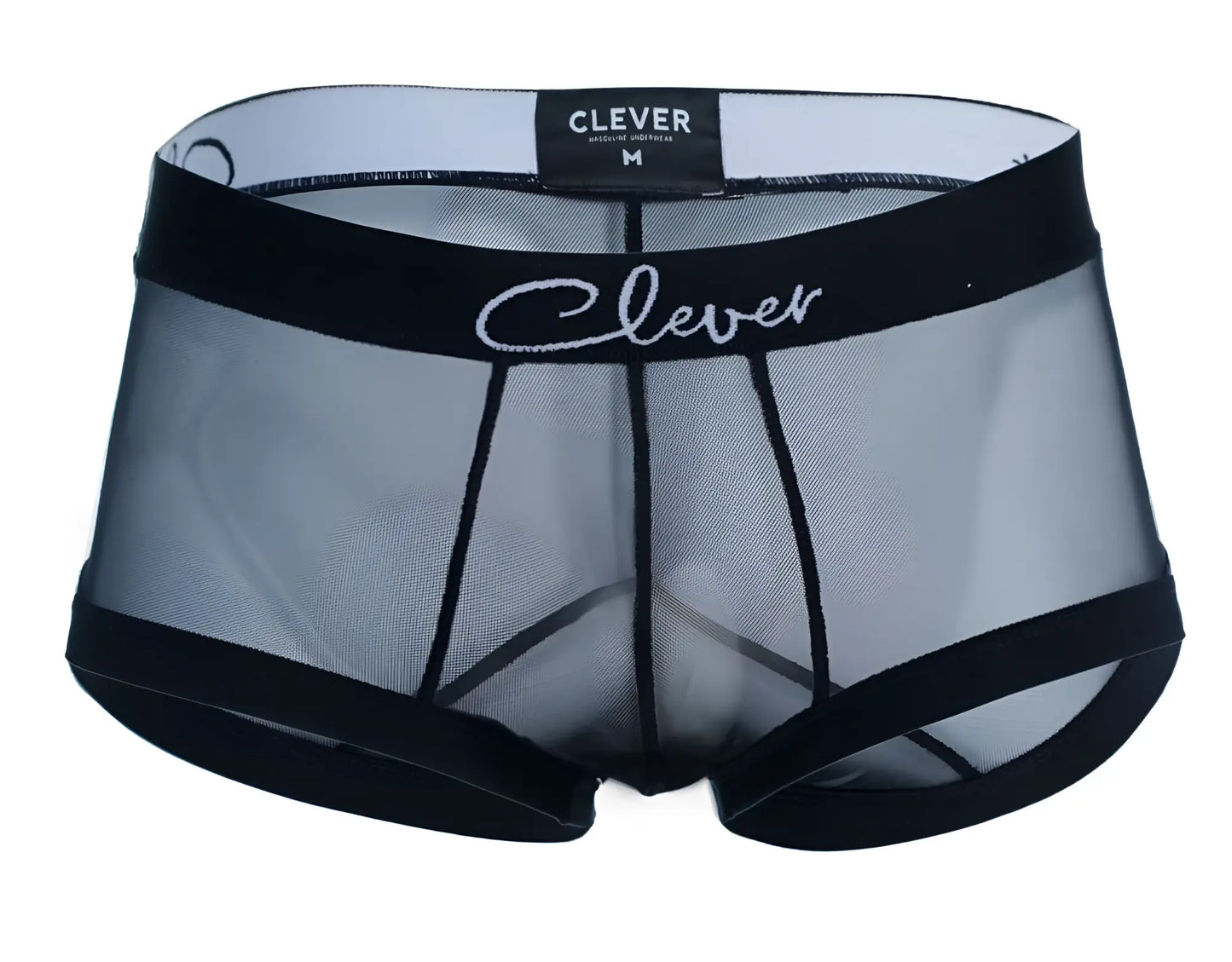 Black sheer mesh briefs with black elastic waistband featuring clever logo in white cursive from clever 1226 demon trunks