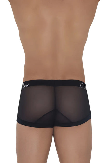 Black sheer mesh briefs with solid black waistband featuring white cursive clever branding clever 1226 demon trunks