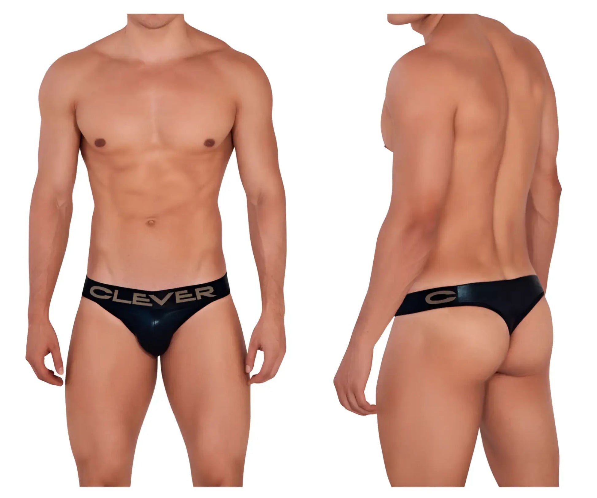 Black glossy briefs with clever branding in silver lettering on the waistband from clever 1410 earth thongs collection