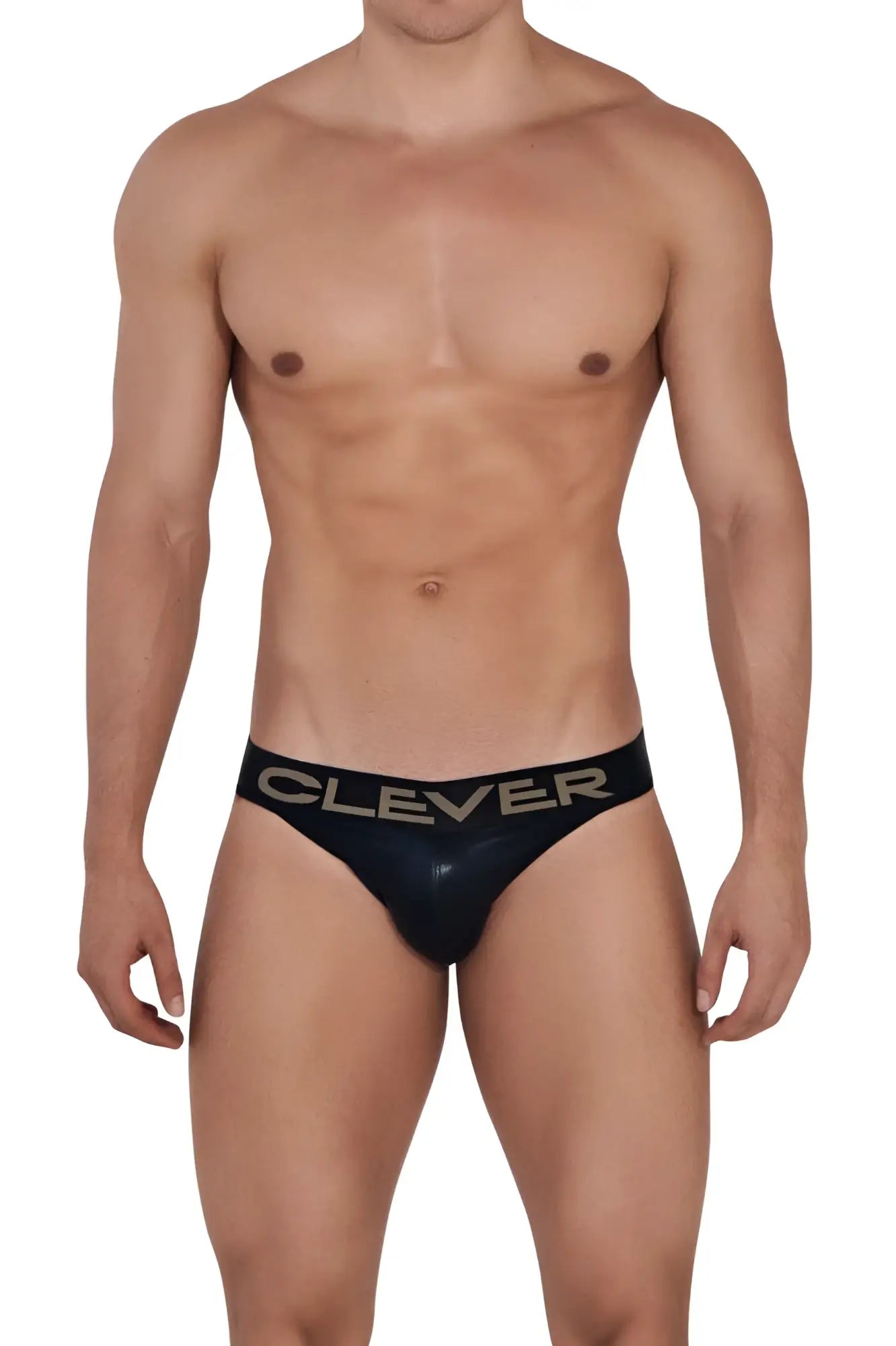 Black patent leather briefs with a sleek glossy finish and gold clever lettering on the waistband from clever 1410 earth thongs