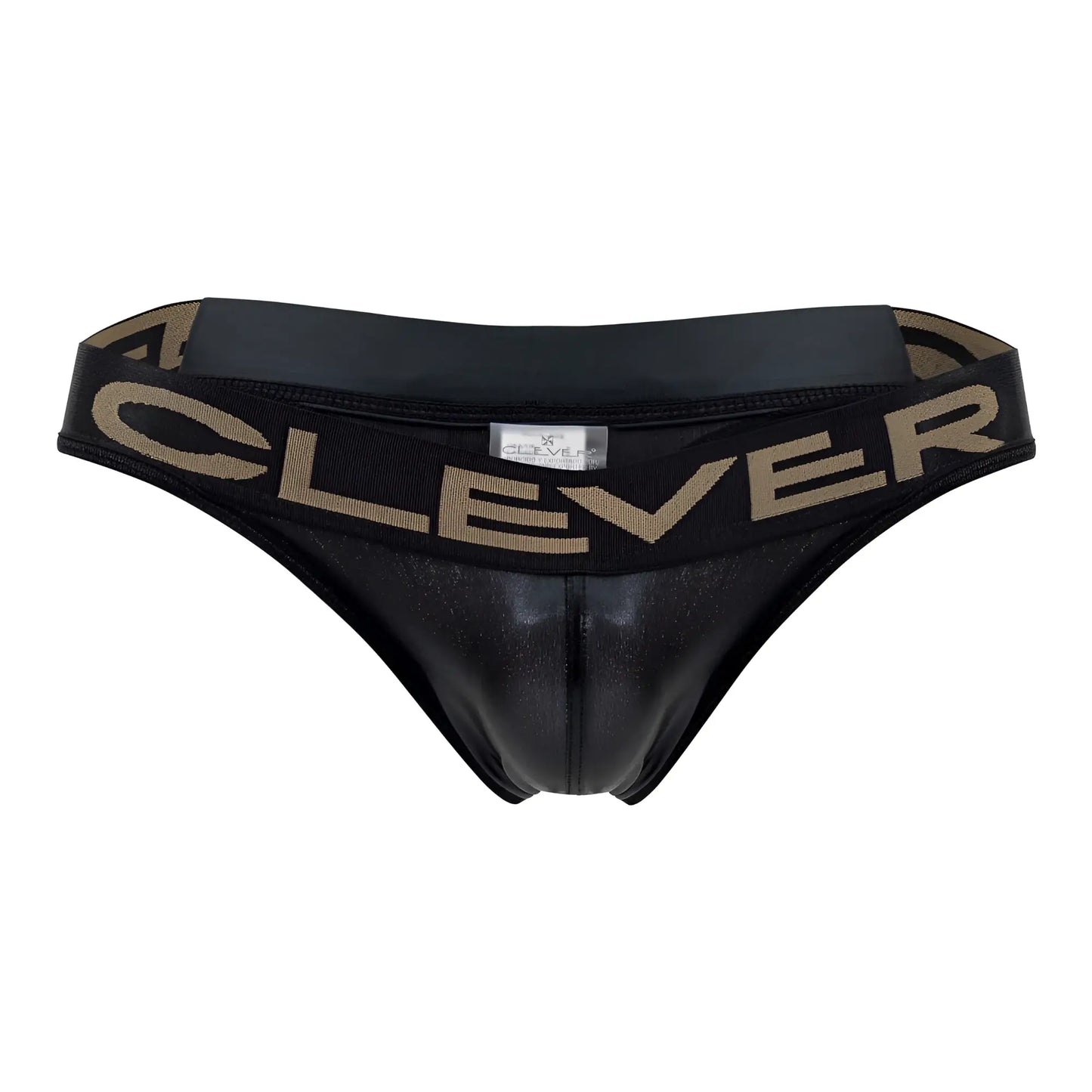 Black shiny leather-like briefs with tan clever logo band from clever 1410 earth thongs in black color