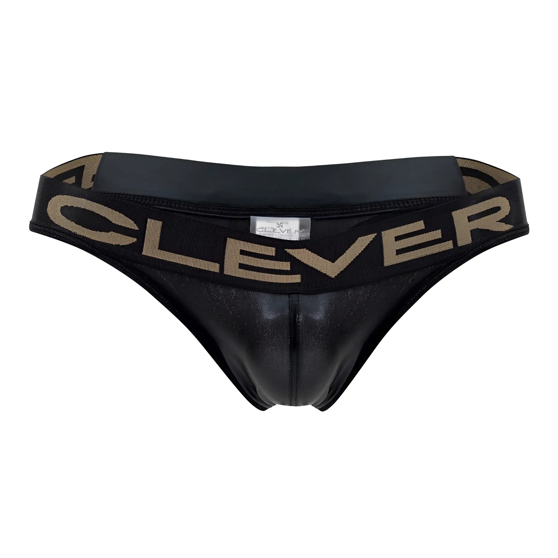 Black shiny leather-like briefs with tan clever logo band from clever 1410 earth thongs in black color