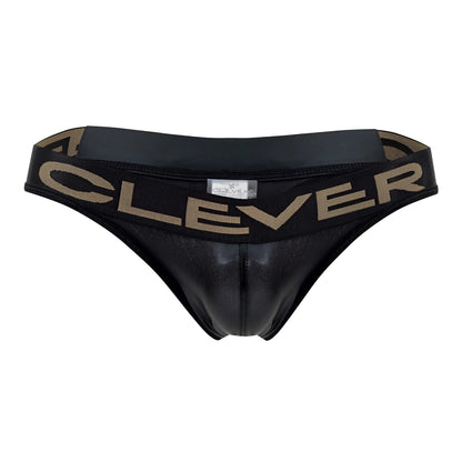 Black shiny leather-like briefs with tan clever logo band from clever 1410 earth thongs in black color