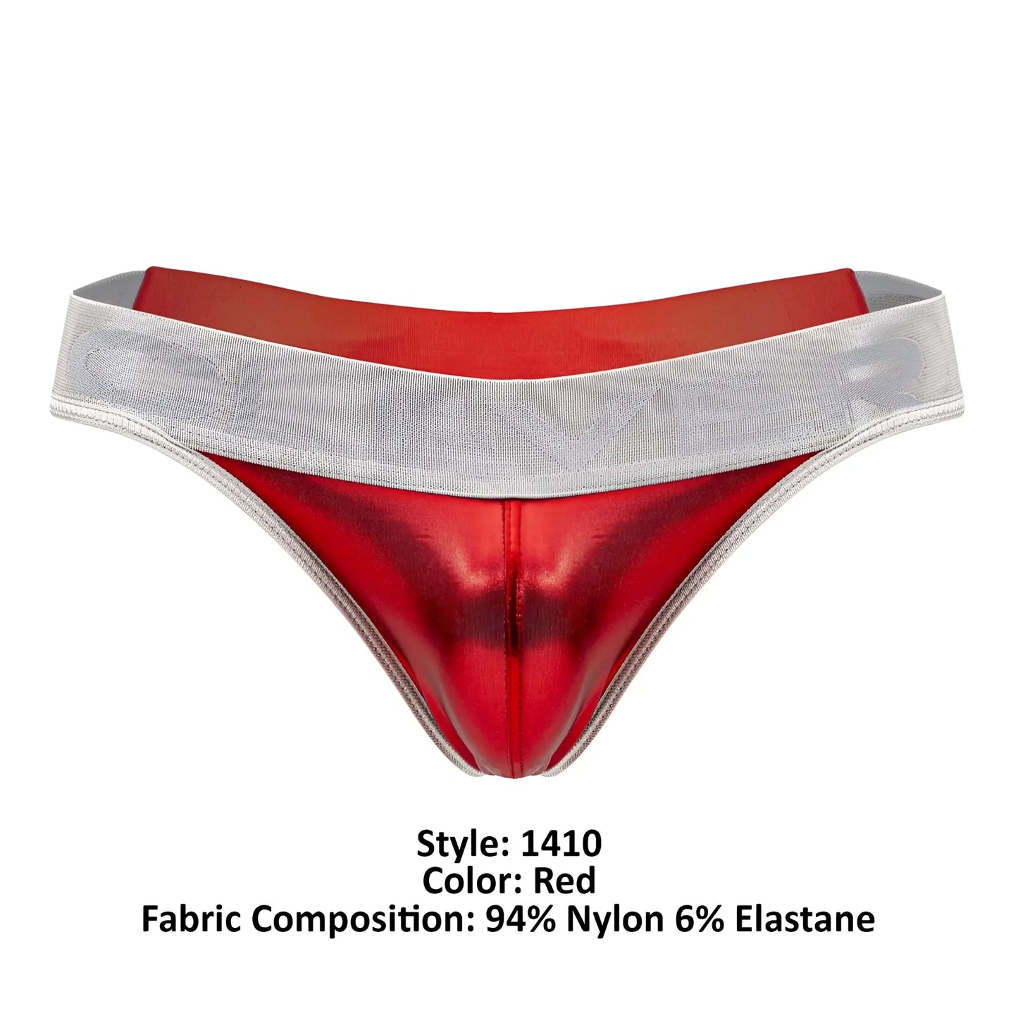 Red metallic nylon thong with silver elastic waistband from clever 1410 earth thongs in color red