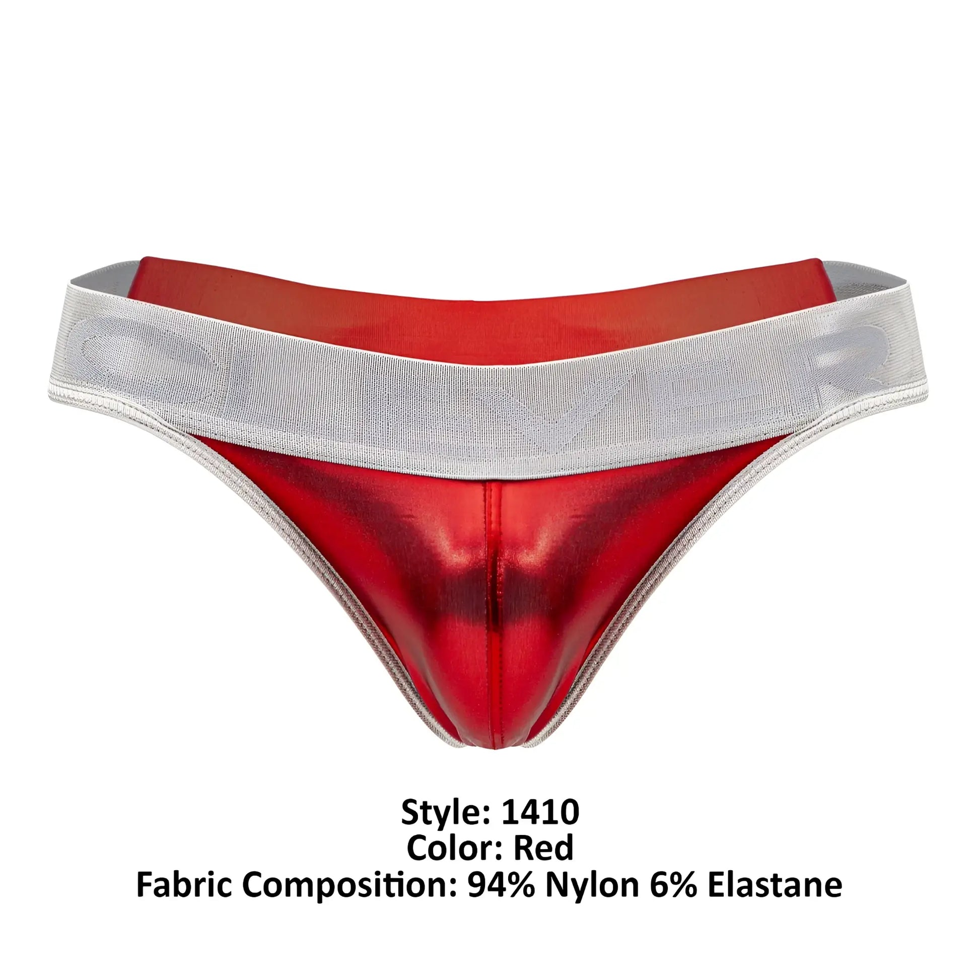 Red metallic nylon thong with silver elastic waistband from clever 1410 earth thongs in color red