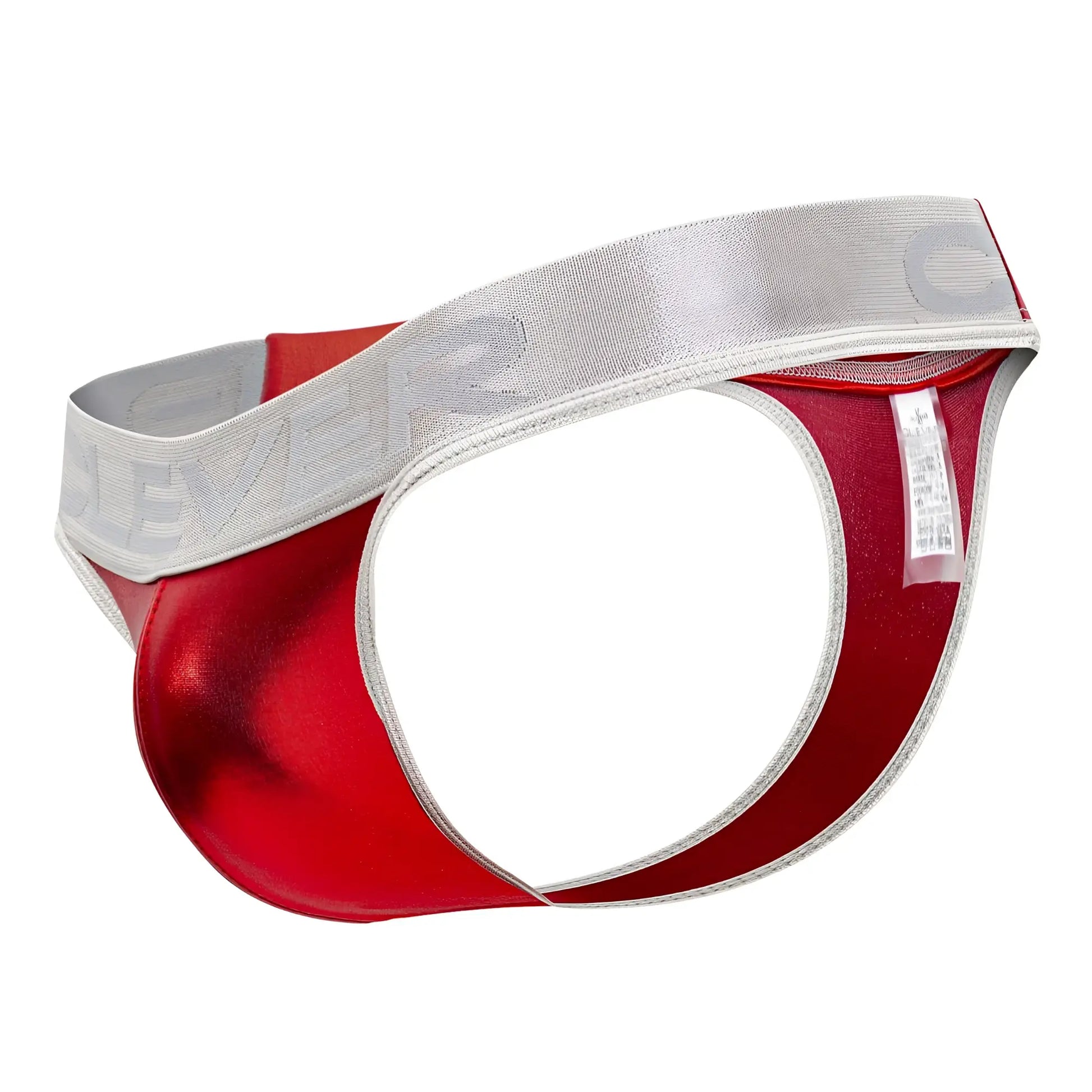 Red metallic clever 1410 earth briefs with silver elastic waistband embossed with severe brand name