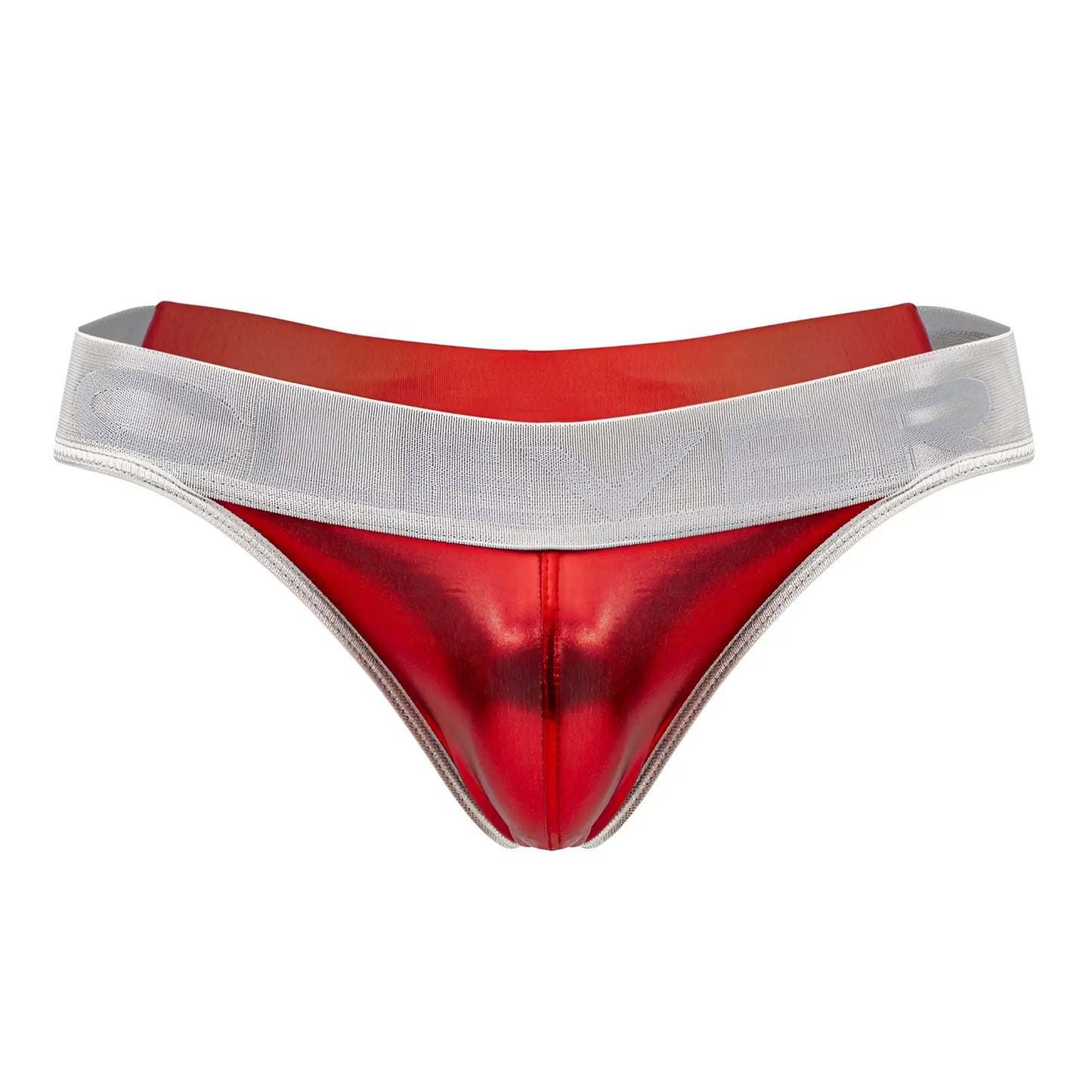 Red metallic clever 1410 earth thong with silver waistband showcasing shiny material and vibrant color