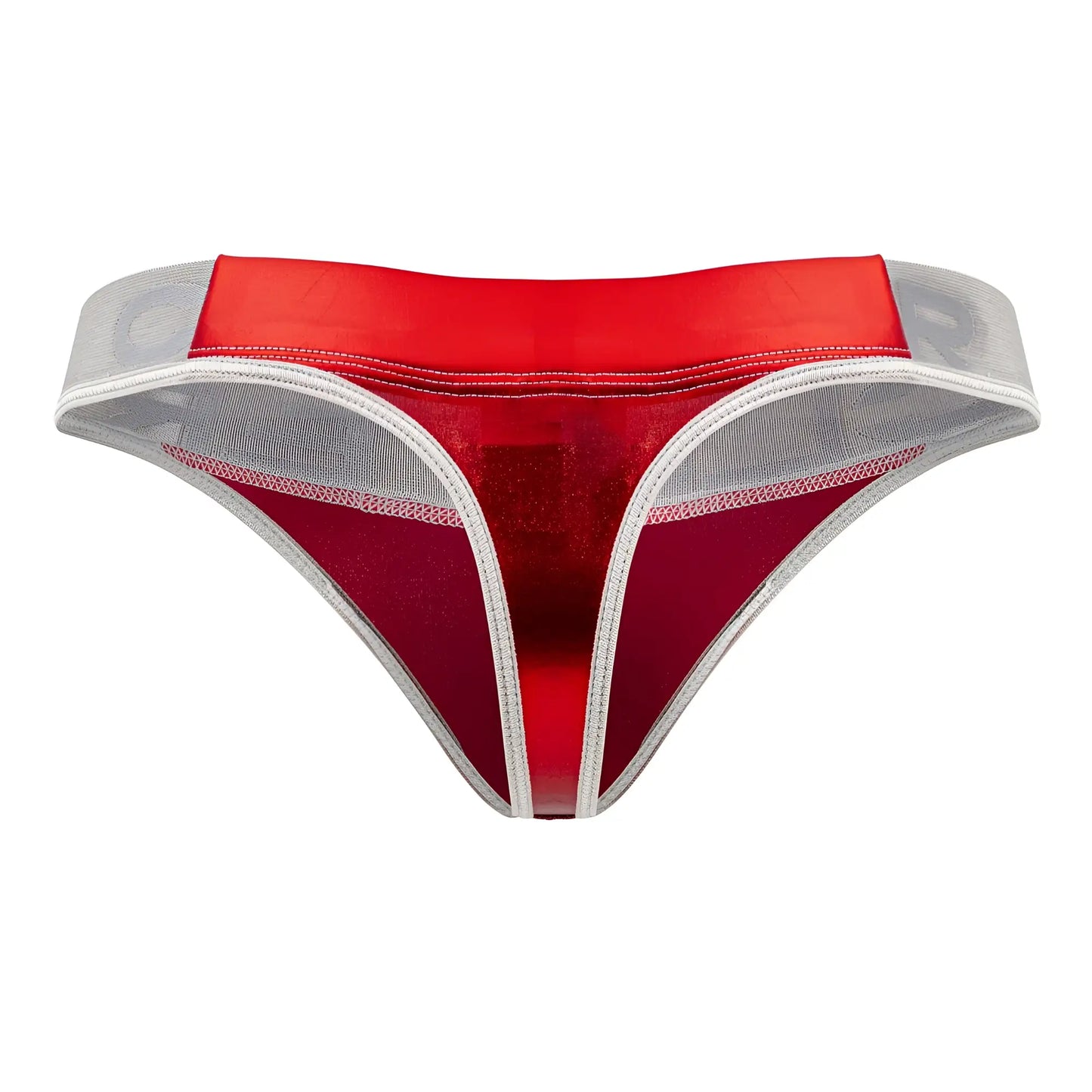 Red and silver mesh thong with shiny satin-like waistband from clever 1410 earth thongs collection in red