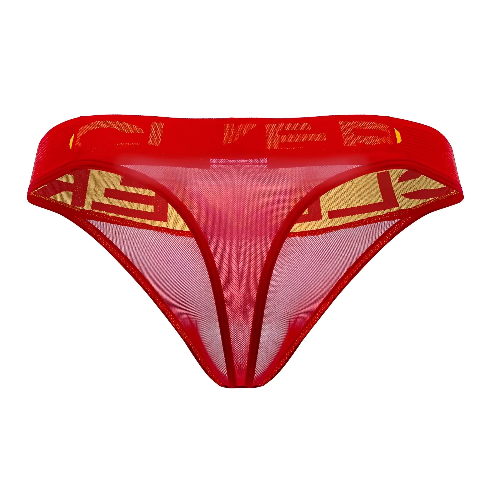 Red mesh thong clever 1411 wind thongs with bold gold geometric pattern on waistband and leg openings