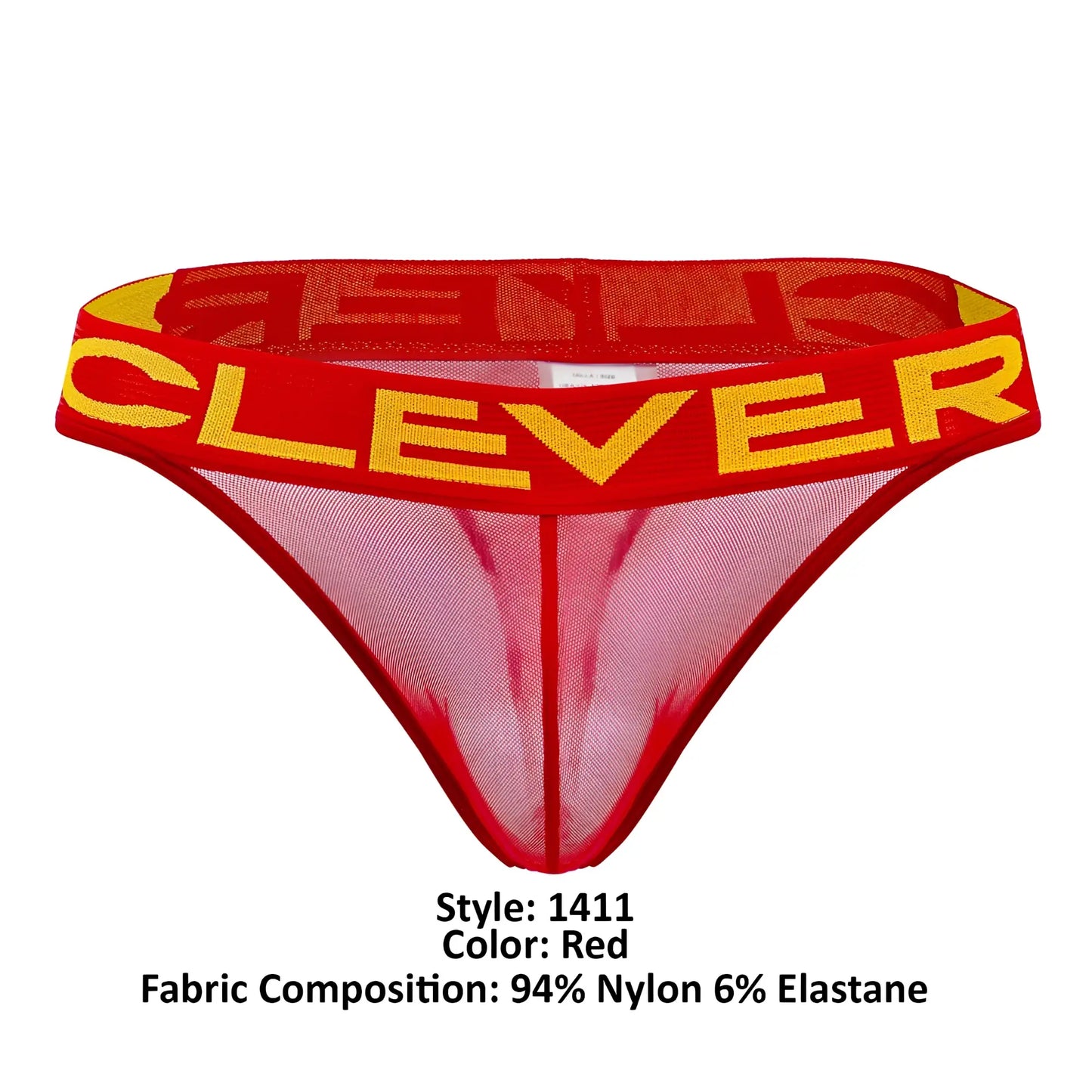 Red sheer mesh thong with bold yellow clever branding on the waistband from clever 1411 wind thongs in red