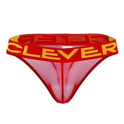 Red and yellow mesh thong with clever branded waistband from clever 1411 wind thongs collection in red color