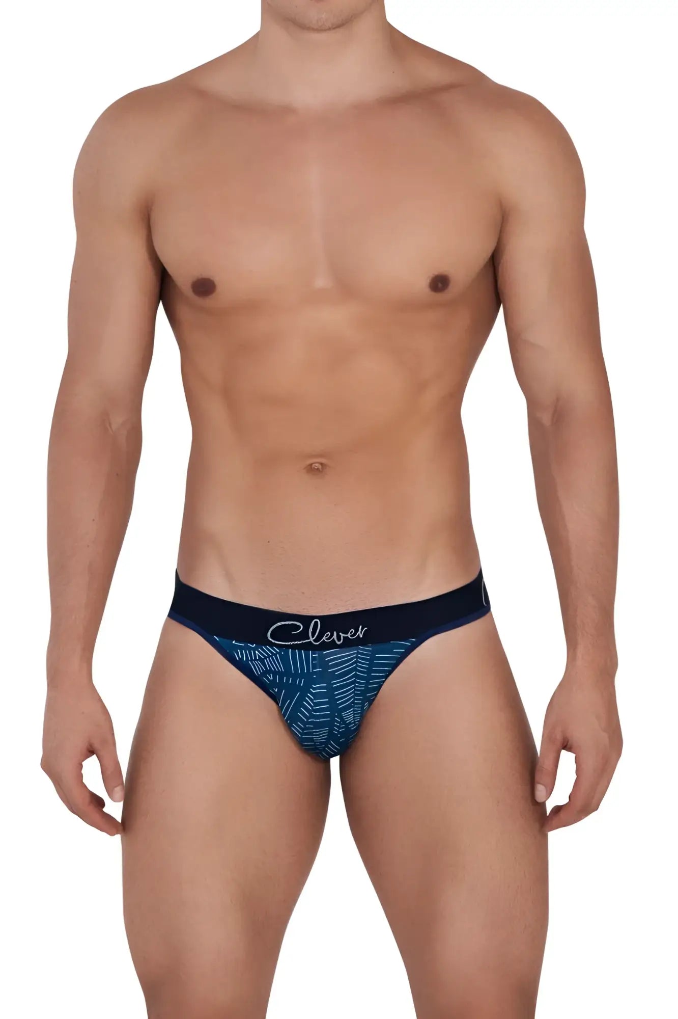 Men’s navy blue and teal patterned clever 1416 lush thongs with black waistband and white brand logo in front view