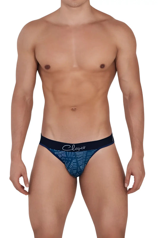 Men’s navy blue and teal patterned clever 1416 lush thongs with black waistband and white brand logo in front view