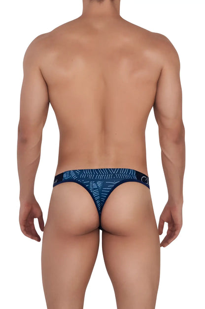 Navy blue clever 1416 lush thong with white geometric pattern and small logo on waistband front view
