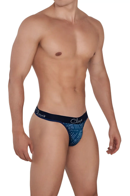 Blue patterned men’s briefs with dark blue waistband featuring clever brand name in white script from clever 1416 lush thongs