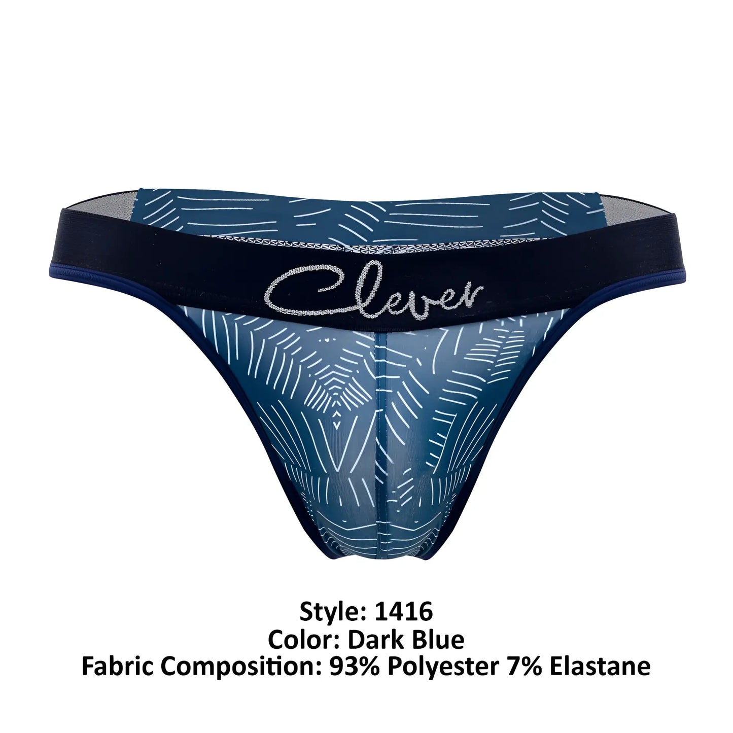 Dark blue sheer thong with white geometric pattern and black elastic waistband with clever logo in silver script