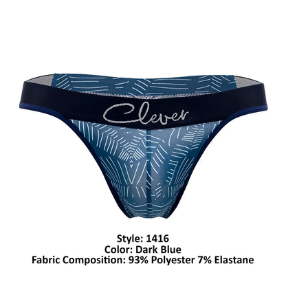Dark blue sheer thong with white geometric pattern and black elastic waistband with clever logo in silver script