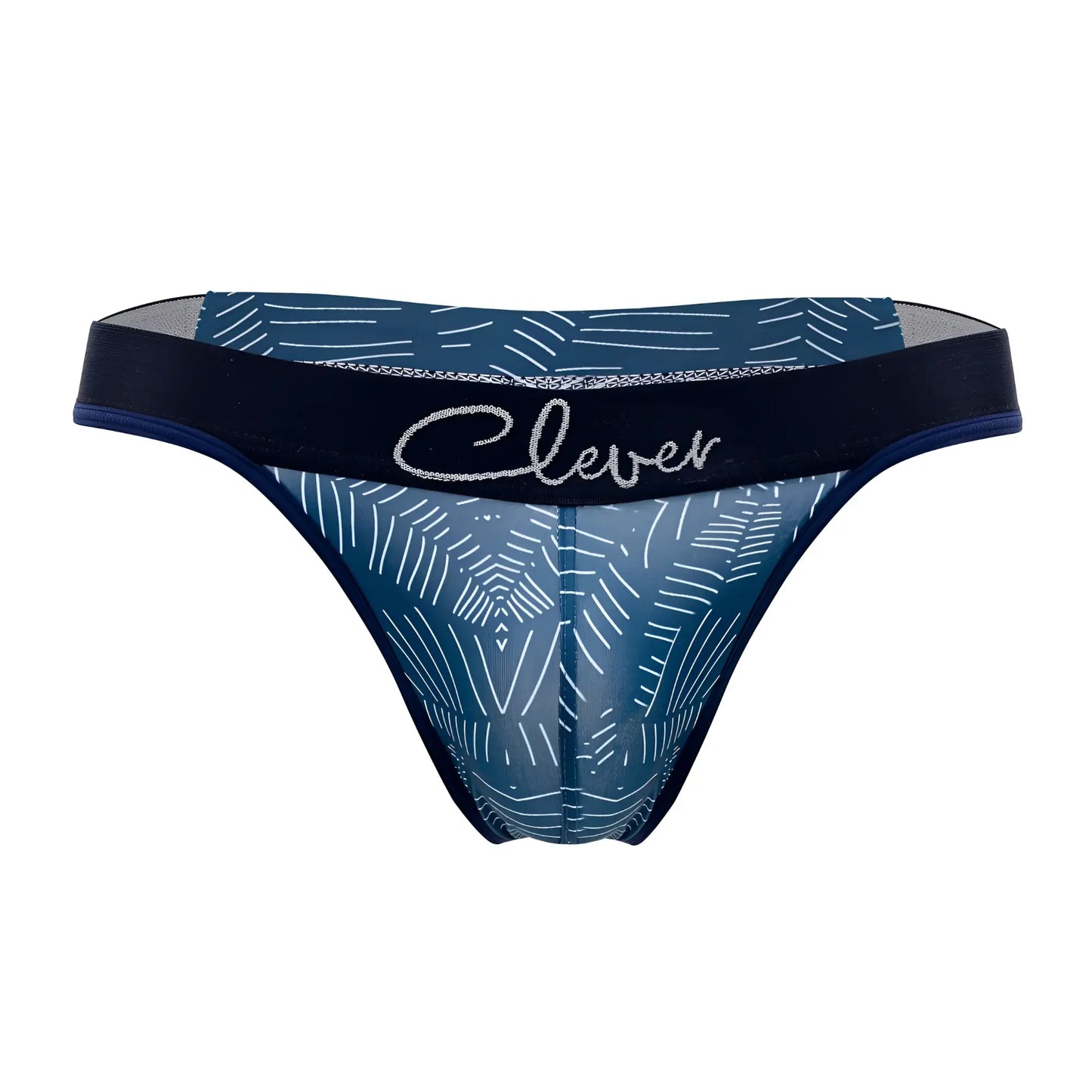 Blue sheer thong clever 1416 lush thong with white geometric patterns and black waistband featuring clever logo
