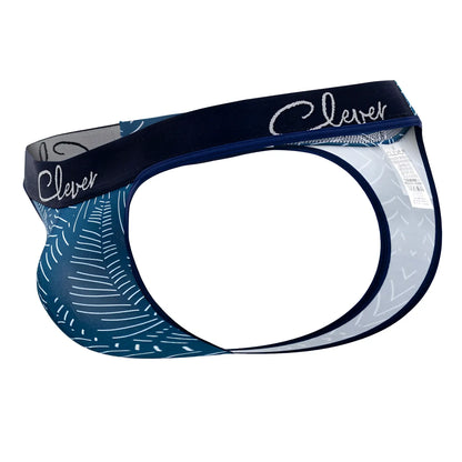 Clever 1416 lush thongs dark blue men’s briefs with blue and white pattern and black elastic waistband with silver logo