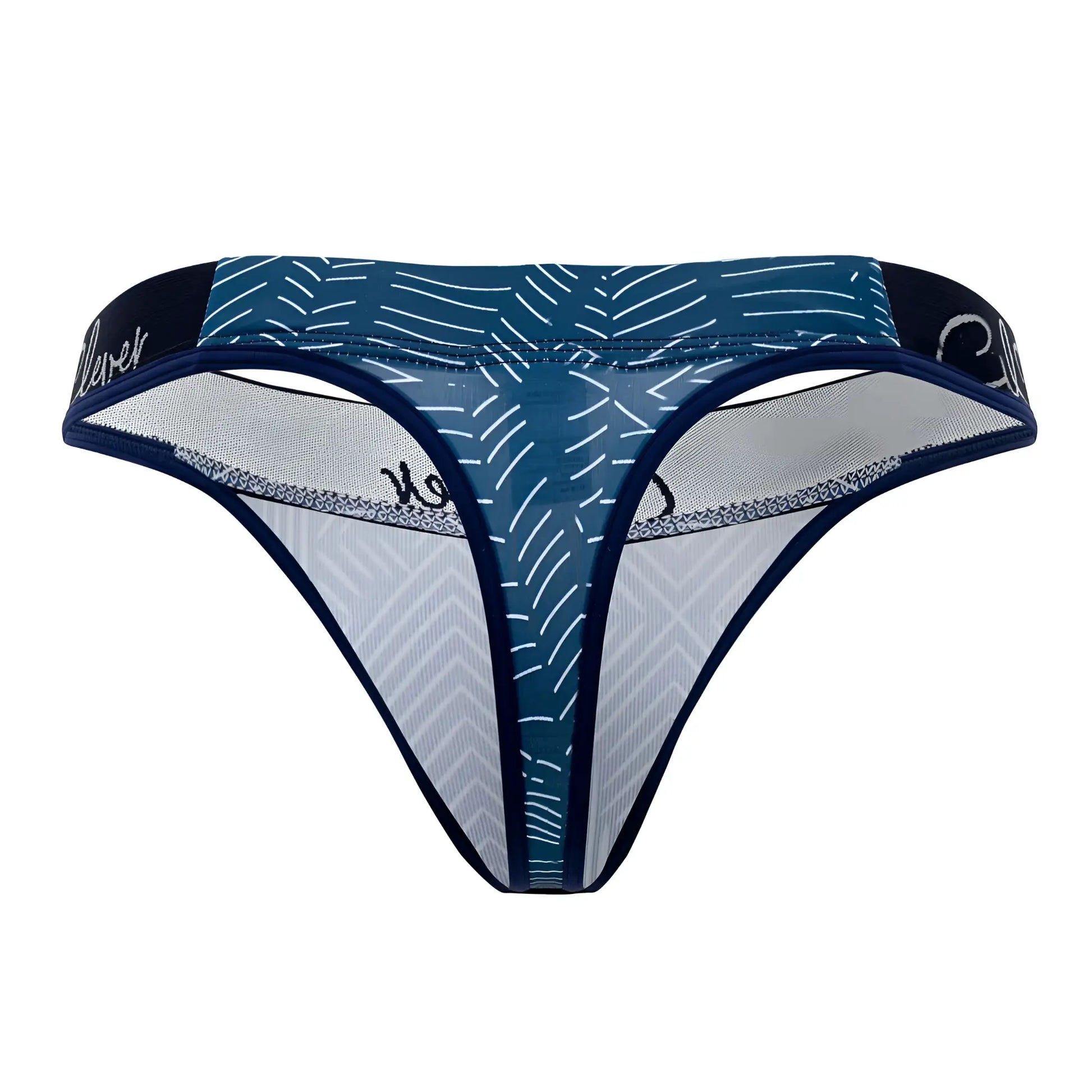Blue and white patterned clever 1416 lush thong with mesh panels and branded waistband in dark blue
