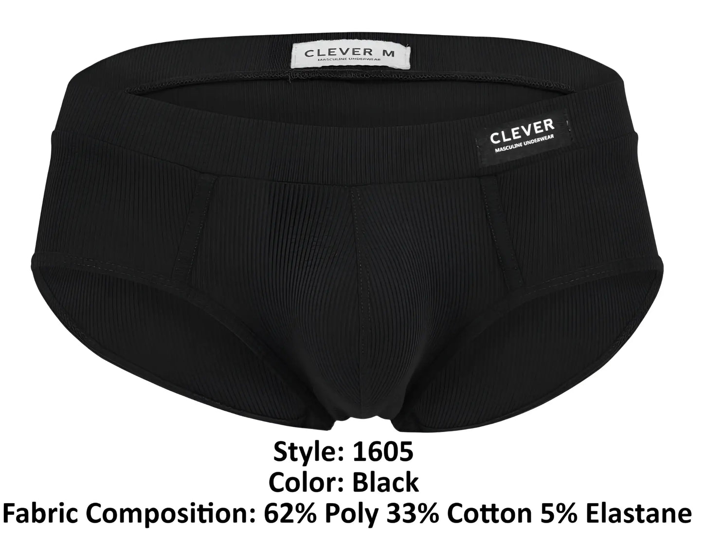 Black ribbed men’s briefs by clever with sleek form-fitting design and elastic waistband in color black