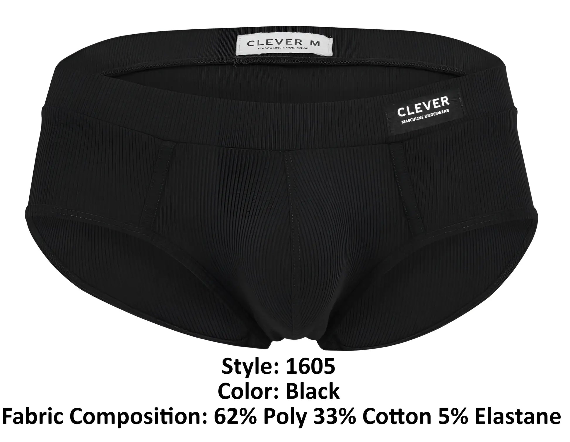 Black ribbed men’s briefs by clever with sleek form-fitting design and elastic waistband in color black