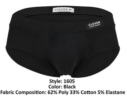Black ribbed men’s briefs by clever with sleek form-fitting design and elastic waistband in color black