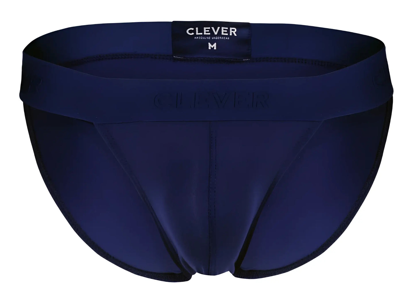 Navy blue men’s briefs by Clever 1627 Deseo Bikini featuring smooth fabric and elastic waistband with brand label