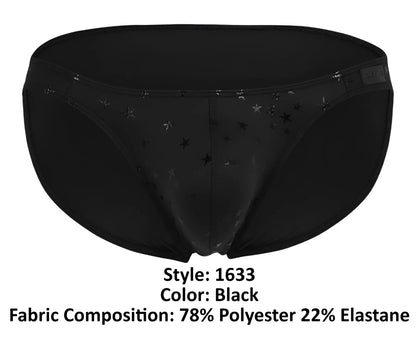 Clever 1633 illusion bikini color black men’s briefs with black star pattern made of 78 polyester and 22 elastane