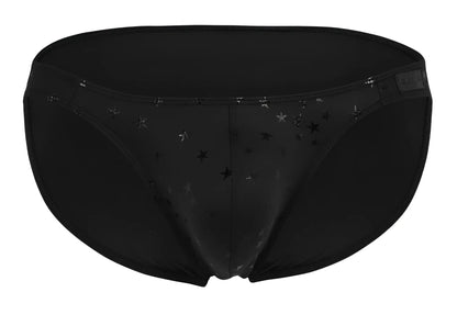 Black clever 1633 illusion bikini swim trunks with star pattern and sleek form-fitting design